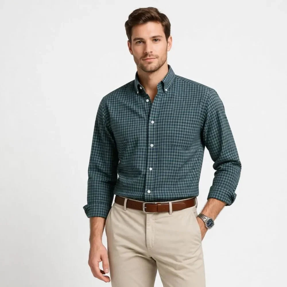 J.Crew Mens Green Navy Gingham Button Down Shirt Cotton Long Sleeve Casual L